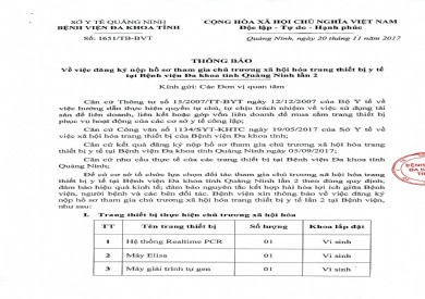 Thông báo V/v đăng ký nộp hồ sơ tham gia chủ trương xã hội hóa trang thiết bị y tế tại Bệnh viện ĐK tỉnh Quảng Ninh lần 2