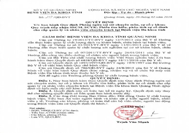 Quyết định V/v ban hành Quy định Phòng ngừa sai sót chuyên môn, sự cố y khoa; Quy trình tiếp nhận SSCM, SCYK; Phiếu tìm hiểu, phân tích sự cố dành cho cấp quản lý và nhân viên chuyên trách tại BVĐKT