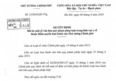 Bãi bỏ một số văn bản quy phạm pháp luật trong lĩnh vực y tế thuộc thẩm quyền ban hành của Thủ tướng Chính phủ