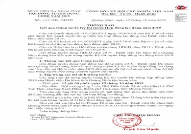 BỆNH VIỆN ĐA KHOA TỈNH THÔNG BÁO KẾT QUẢ TRÚNG TUYỂN KỲ THI TUYỂN HỢP ĐỒNG LAO ĐỘNG NĂM 2019