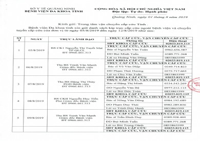DANH SÁCH TRỰC CẤP CỨU NGOÀI VIỆN VÀ CHUYỂN TUYẾN CẤP CỨU TỪ 05.08 ĐẾN 12.08.2019