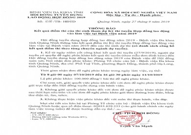BỆNH VIỆN ĐA KHOA TỈNH THÔNG BÁO KẾT QUẢ ĐIỂM THI KỲ THI TUYỂN HỢP ĐỒNG LAO ĐỘNG NĂM 2019