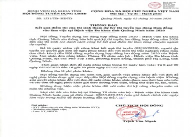 Bệnh viện Đa khoa tỉnh Quảng Ninh thông báo kết quả điểm thi của thí sinh tham dự Kỳ thi tuyển lao động hợp đồng năm 2020