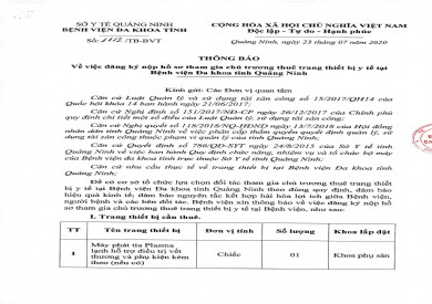 Thông báo V/v đăng ký nộp hồ sơ tham gia chủ trương thuê trang thiết bị y tế tại BVĐK tỉnh Quảng Ninh