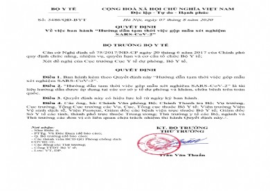 Quyết định 3486 v/v ban hành Hướng dẫn tạm thời việc gộp mẫu xét nghiệm SARS-CoV-2