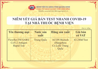 Bệnh viện Đa khoa tỉnh thông báo niêm yết giá bán Test nhanh Covid-19 tại nhà thuốc bệnh viện