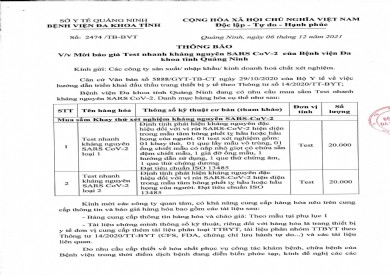 Thông báo mời báo giá Test nhanh kháng nguyên SARS CoV-2 của Bệnh viện Đa khoa tỉnh Quảng Ninh