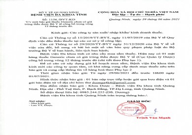 Thông báo mời báo giá thuốc Generic