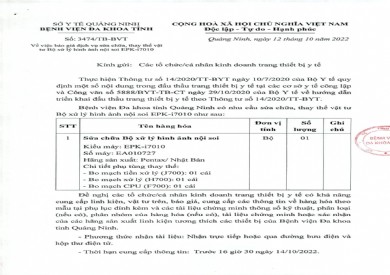 Thông báo về việc báo giá dịch vụ sửa chữa, thay thế vật tư bộ xử lý hình ảnh nội soi EPK-i7010 (Số 3474)