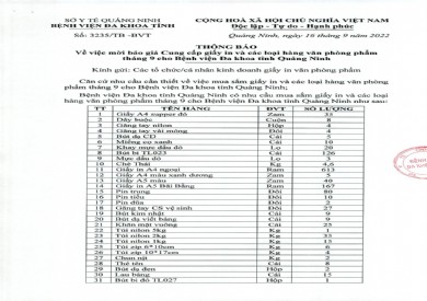 Thông báo mời báo giá cung cấp giấy in và các loại hàng văn phòng phẩm tháng 9 cho Bệnh viện Đa khoa tỉnh Quảng Ninh (Số 3235)