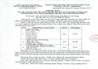 Thông báo mời báo giá thi công, lắp đặt mái tôn và vách ngăn di động cho PK tim mạch (Số 3386)