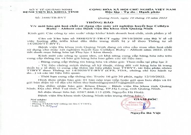Thông báo mời báo giá hóa chất sử dụng cho máy xét nghiệm huyết học (Số 3446)