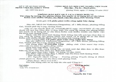 Thông báo kết quả lựa chọn đơn vị thi công ốp tường cho phòng khám tim mạch và tủ đựng hồ sơ cho khoa KSNK (3520)