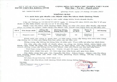 Thông báo mời báo giá thuốc của Bệnh viện Đa khoa tỉnh Quảng Ninh (3604)
