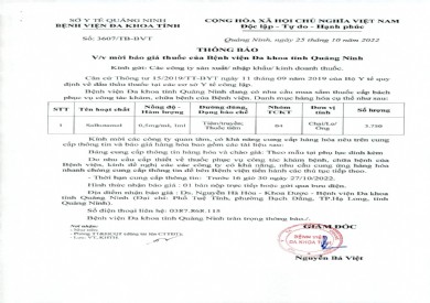 Thông báo mời báo giá thuốc của Bệnh viện Đa khoa tỉnh Quảng Ninh (3607)