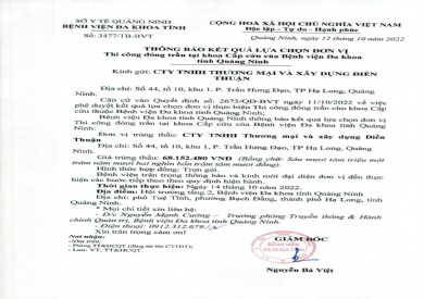 Thông báo kết quả lựa chọn thi công đóng trần (3477)