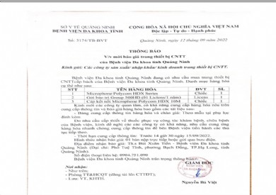 Thông báo mời báo giá hàng hóa cấp bách của Bệnh viện Đa khoa tỉnh Quảng Ninh (3174)