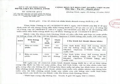 Thông báo mời báo giá bào trì toàn phần hệ thống chụp cắt lớp 128 lát (3658)
