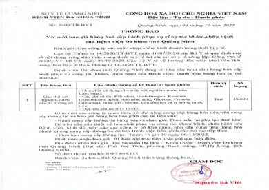 Thông báo mời báo giá hàng hóa cấp bách phục vụ công tác khám, chữa bệnh của Bệnh viện Đa khoa tỉnh Quảng Ninh (Số 3400)