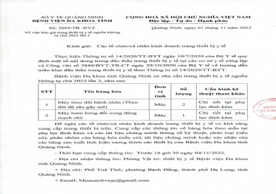 Thông báo báo giá trang thiết bị y tế nguồn không tự chủ 2022 lần 2 (3693)
