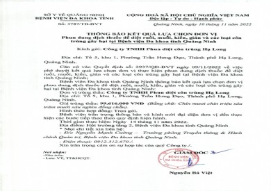 Thông báo kết quả lựa chọn đơn vị phun dung dịch thuốc để diệt ruồi, muỗi, kiến, gián và các loại côn trùng (3787)