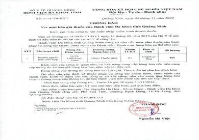 Thông báo mời báo giá thuốc của Bệnh viện Đa khoa tỉnh Quảng Ninh (3774)