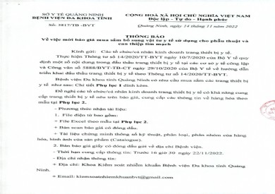 Thông báo mời báo giá mua sắm vật tư sử dụng cho phẫu thuật và CTTM (3817)