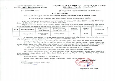 Thông báo mời báo giá thuốc của Bệnh viện Đa khoa tỉnh Quảng Ninh (3781)