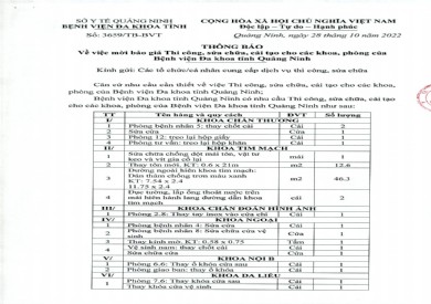 Thông báo báo giá thi công, sửa chữa, cải tạo các khoa phòng (3659)
