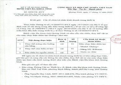 Báo giá sửa chữa, thay thế vật tư cho máy chạy thận nhân tạo (3859)