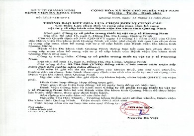 Thông báo kết quả lựa chọn đơn vị cung cấp mua sắm bổ sung vật tư y tế cấp bách (3837)