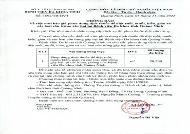 Thông báo mời báo giá phun dung dịch thuốc để diệt ruồi, muỗi, kiến, gián và các côn trùng gây hại (3692)