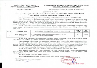 Thông báo mời báo giá hàng hóa cấp bách phục vụ công tác khám, chữa bệnh của Bệnh viện Đa khoa tỉnh Quảng Ninh (3632)