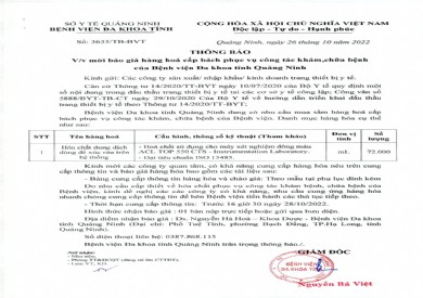 Thông báo mời báo giá hàng hóa cấp bách phục vụ công tác khám, chữa bệnh của Bệnh viện Đa khoa tỉnh Quảng Ninh (3633)