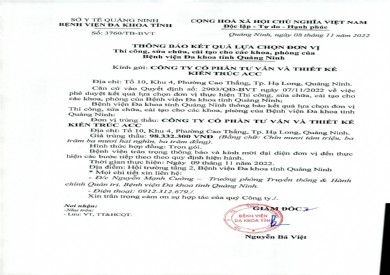 Thông báo kết quả lựa chọn đơn vị thi công, sửa chữa, cải tạo các khoa phòng (3760)