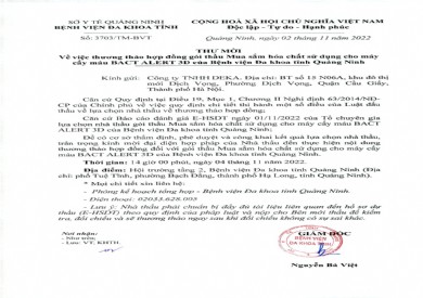 Thư mời về việc thương thảo hợp đồng gói thầu mua sắm hóa chất sử dụng cho máy cấy máu (3703)