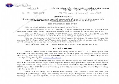 Quyết định của Bộ Y tế về Danh mục bổ sung một số mã ICD-10 liên quan đến COVID-19 theo hướng dẫn của Tổ chức Y tế Thế giới