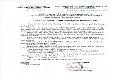 Thông báo kết quả lựa chọn đơn vị diệt và kiểm soát chuột (4116)