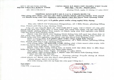 Thông báo kết quả lựa chọn đơn vị thi công sửa chữa, cải tạo khoa phòng (3911)