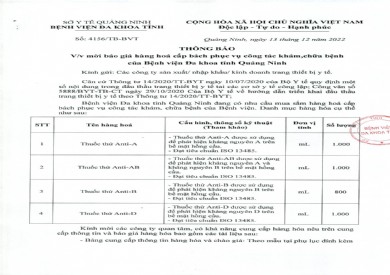 Thông báo mời báo giá hàng hóa cấp bách phục vụ công tác khám, chữa bệnh của Bệnh viện Đa khoa tỉnh Quảng Ninh (4156)