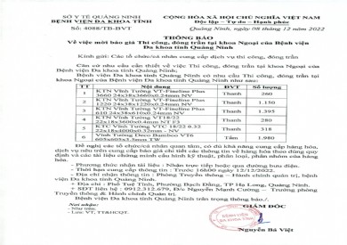 Thông báo mời báo giá thi công, đóng trần tại khoa Ngoại (4088)