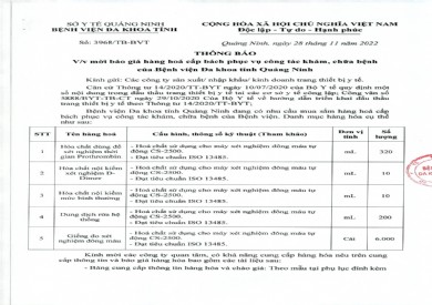 Thông báo mời báo giá hàng hóa cấp bách phục vụ công tác khám, chữa bệnh của Bệnh viện Đa khoa tỉnh Quảng Ninh (3968)