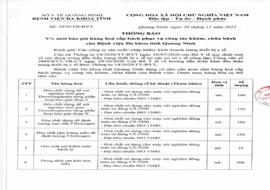 Thông báo mời báo giá hàng hóa cấp bách phục vụ công tác khám, chữa bệnh của Bệnh viện Đa khoa tỉnh Quảng Ninh (3970)