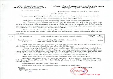 Thông báo mời báo giá hàng hóa cấp bách phục vụ công tác khám, chữa bệnh của Bệnh viện Đa khoa tỉnh Quảng Ninh (3971)