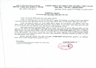 Thông báo về bước đấu giá tại cuộc đấu giá tài sản (Số 4071)