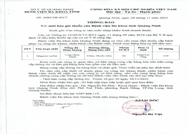 Thông báo mời báo giá thuốc của Bệnh viện Đa khoa tỉnh Quảng Ninh (3989)