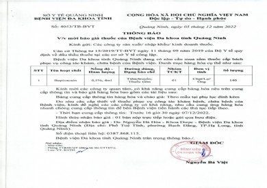 Thông báo mời báo giá thuốc của Bệnh viện Đa khoa tỉnh Quảng Ninh (4053)