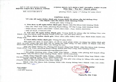 Thông báo về việc đề nghị thẩm định giá trang thiết bị nâng cấp hệ thống Oxy của Bệnh viện Đa khoa tỉnh Quảng Ninh