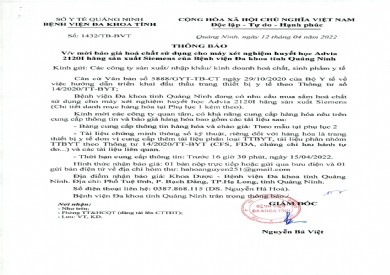 Thông báo về việc mời báo giá hóa chất sử dụng cho máy xét nghiệm huyết học Advia 2120I hãng sản xuất Siemens của Bệnh viện Đa khoa tỉnh Quảng Ninh