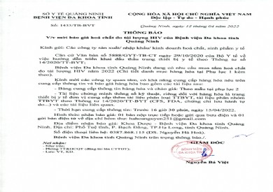 Thông báo về việc mời báo giá hóa chất đo tải lượng HIV của Bệnh viện Đa khoa tỉnh Quảng Ninh